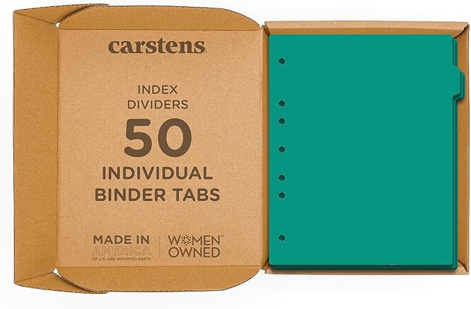 Carstens - Heavy Duty Plastic Ring Binder Dividers, Side Tab, 1/9 Cut, Tab 2 Position, US Letter, Turquoise, Case of 50, (2618-02CS) - Ideal Medical Chart Dividers or Index Tabs for 3 Ring Binders