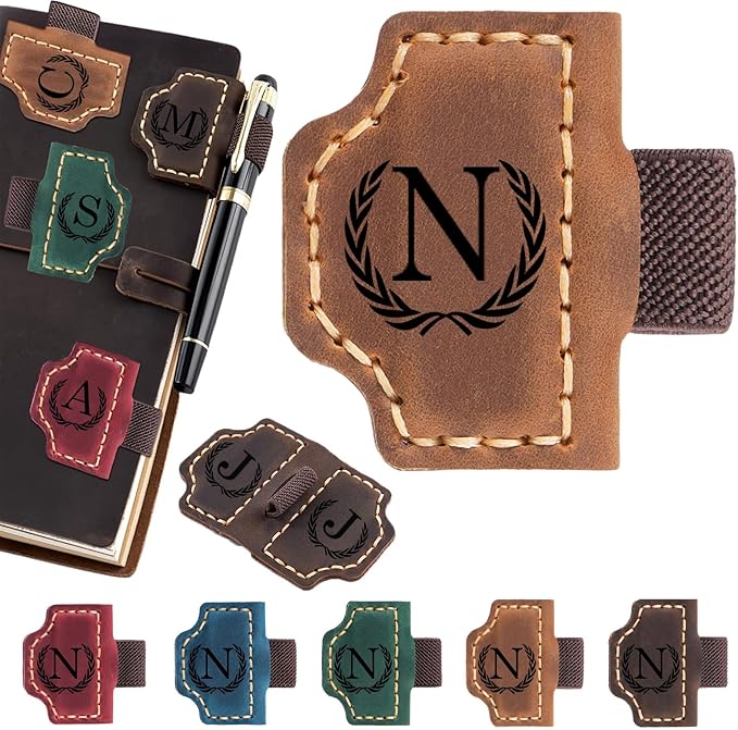 Personalized Magnetic Leather Bookmark with Pen Holder - 26 Letters Custom Book Mark with Name Initial Engraved Book Marker for Readers, Book Lovers, Travelers - Gift for Women & Men(Light Brown，N