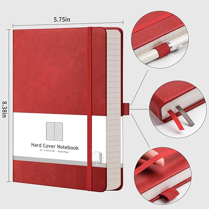 AHGXG Lined Journal Notebook - 320 Numbered Pages A5 College Ruled Notebook Thick Journal for Writing, 100gsm Lined Paper, Leather Hardcover, for Women Men Work Office School, 5.75'' X 8.38''-Red