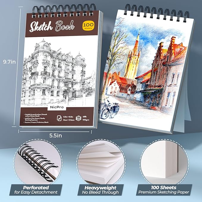 Nicpro 58PCS Art Drawing Supplies Kit in Leather Case, MP1000 Black Metal Mechanical Pencil Set with Drafting Pencil 0.5, 0.7, 0.9 & 2mm, 12 Micron Pen, Sketch Book, 30 Tube Lead Refills for Sketching