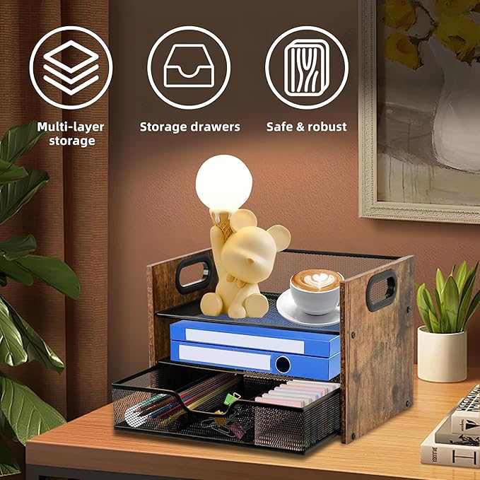 Wood Desk Organizer - 3-Tier Desktop File Organizer with Drawer, Wooden Paper Tray, Office Desk Organzier and Accessories for Papers, Mail, Notebooks, Stationery