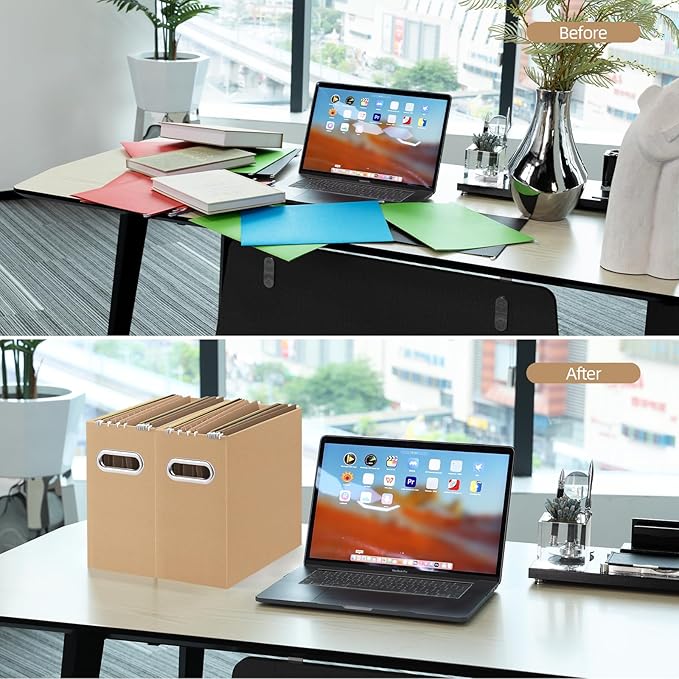 Oterri File Organizer, Small Storage Box, Cardboard File Folder Organizer, Collapsible File Box, Hanging File Organizer for Letter Size, Portable File Box with Handle, Only Box (Brown, 4 Packs)