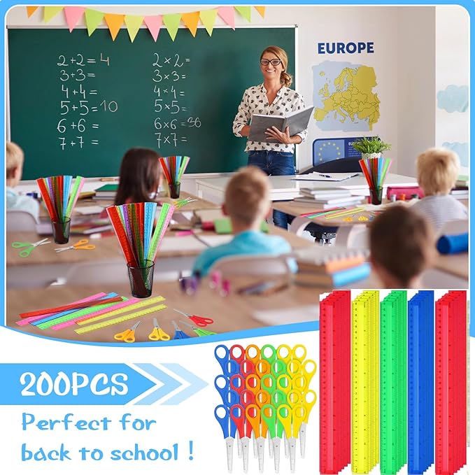 PerKoop 200 Pcs School Supplies with 100 Pcs Safety Blunt Tip Student Scissors 100 Pcs 12 Inch Plastic Rulers Back to School Supply Kit for Operation Christmas Charity Donation Supplies (Vivid Color)