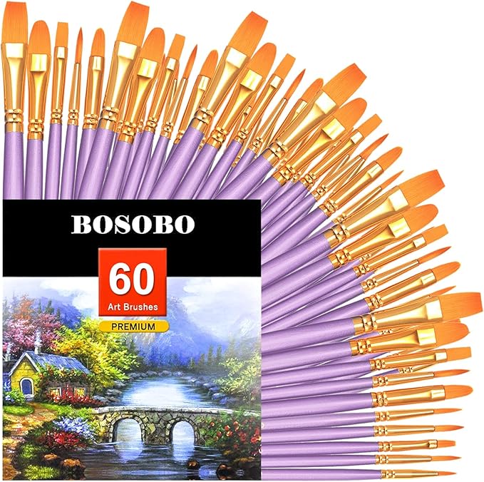 BOSOBO Paint Brushes Set, 6 Pack 60 Pcs Round Pointed Tip Paintbrushes Nylon Hair Artist Acrylic Paint Brushes for Acrylic Oil Watercolor, Face Nail Art, Miniature Detailing & Rock Painting, Purple