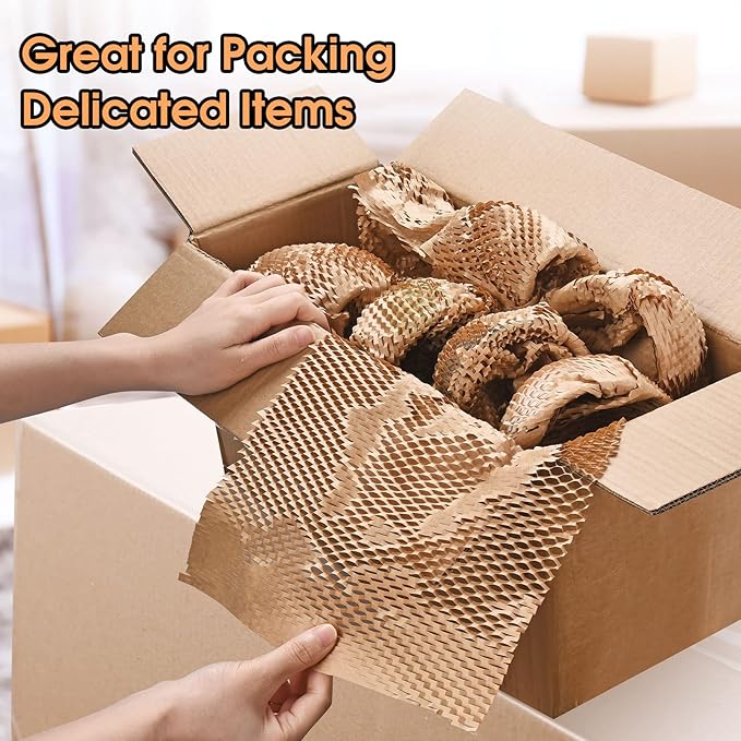 Honeycomb Packing Paper Pacific Mailer 12" x 65' Moving Paper Bubble Cushioning Wrap with 20 Fragile Sticker Labels