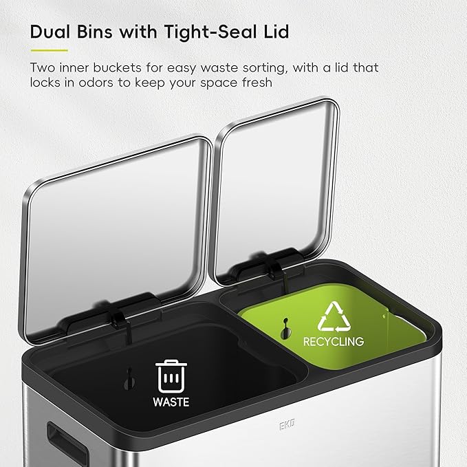 EKO EcoCasa Stainless Steel Dual Step Trash Can for Recycling, 30L+20L Rectangular Kitchen Trash Can, Independent Pedals and Lids, Soft Close and Fingerprint Resistant