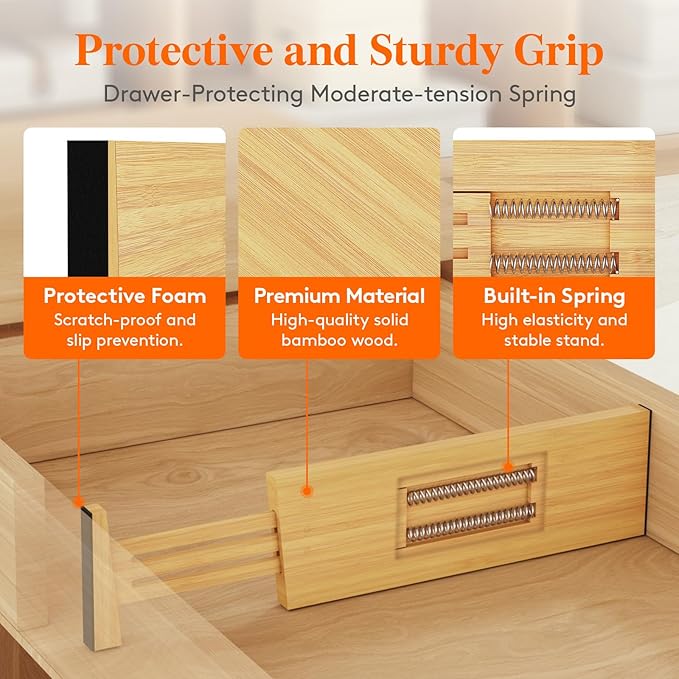 Lifewit 8 Pack Drawer Dividers Bamboo 4" High, 12-17" Adjustable Drawer Organizers for Clothes, Expandable Dresser Separators in Bedroom/Bathroom/Kitchen/Fridge/Office Organization and Storage