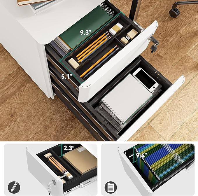 YITAHOME 3 Drawer File Cabinet, Mobile Filing Cabinet for Home Office, Metal Slim File Cabinet Drawers with Keys, Pre-Built Office Storage Cabinet for A4/Letter/Legal (White)