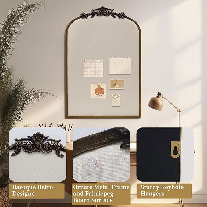 Arch Fabric Pinboard, Antique Gold Bulletin Boards 24"x36", Vintage Cork Board with Ornate Iron Frame for Wall Unique Display, Organization and Decor Options