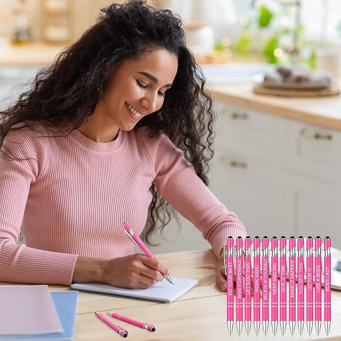 Zonon 12 Pieces Inspirational Pens Bulk Easter Basket Stuffers Motivational Quotes Ballpoint Pens with Stylus Tip Inspirational Gifts for School Office Teachers(Pink,Boss Lady)