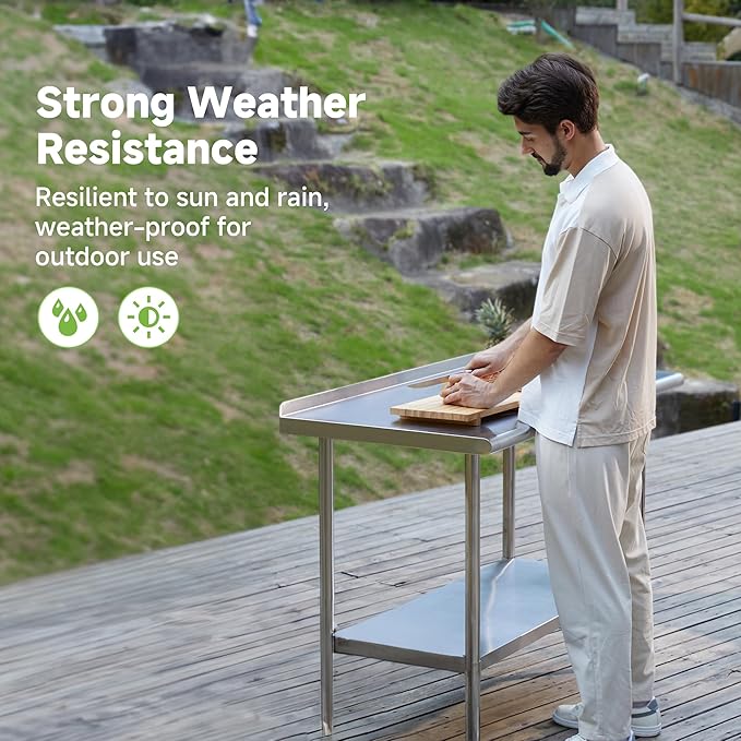 Real Relax Stainless Steel Table with Backsplash, NSF Commercial Heavy Duty Stainless Steel Table for Prep with Adjustable Undershelf, for Indoor & Outdoor- 24" D x 48" W x 34" H
