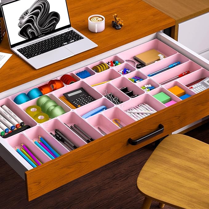 60 Pcs Plastic Drawer Organizer Set,5 Size Small Storage Containers for Organizing Jewelry,Utensil,Junk,Tea,Makeup,Shallow Drawer Organizers Tray Suitable for Office,Desk,Bathroom,Vanity,Kitchen,Pink