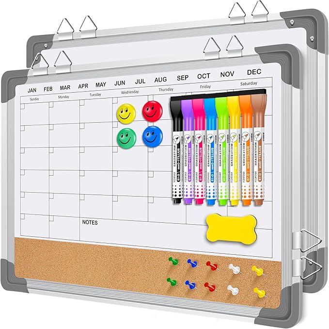 EAONE 16x12 in Double Side Whiteboard Calendar & Cork Board Combo for Wall, 3 in 1 Magnetic Dry Erase Whiteboard Monthly Calendar and Bulletin Board with Aluminum Frame for Home Office Kitchen