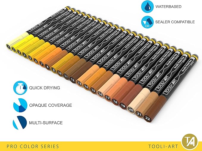 Acrylic Paint Pens 22 Yellow & Brown Tones Assorted Pro Color Series Markers Set 0.7mm Extra Fine Tip for Rock Painting, Glass, Mugs, Wood, Metal, Canvas, Projects, Non Toxic, Waterbased, Quick Drying