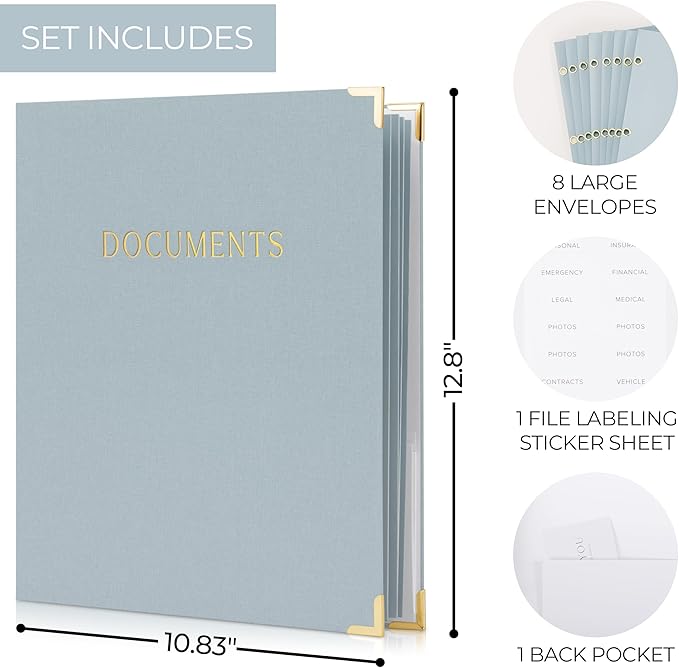 Aesthetic Document Organizer - Sturdy Linen 3-Ring Binder Safely Stores All Your Important Documents and Files in One Place - Easy to Use Expanding Storage Folder Incl. Envelopes, Pockets & Labels