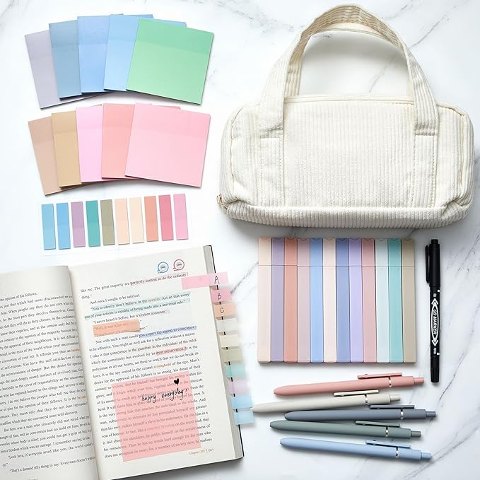 Jutom 39 Pcs Aesthetic Book Annotation Kit Pencil Case Bag with Highlighter Gel Pen 700 Sheets Transparent Sticky Notes Pads Index Tab Bible Study Supplies for School(White,Classic Style)