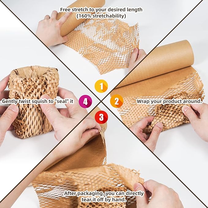 Honeycomb Packing Paper Wrap 12"x200' Sustainable Alternative to Bubble Wrap for Moving Shipping/Gift, Biodegradable & Fully Recyclable Bubble Paper Wrapping with 20 Fragile Sticker…