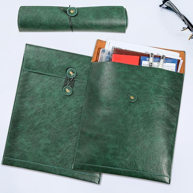Bright Green A4 PU Leather File Folders for Documents,Important Private File Organizer with String Tie Closure,Laptop Sleeve Notebook Case,Leather Portfolio Binder Envelopes, Filing Folder 1PC