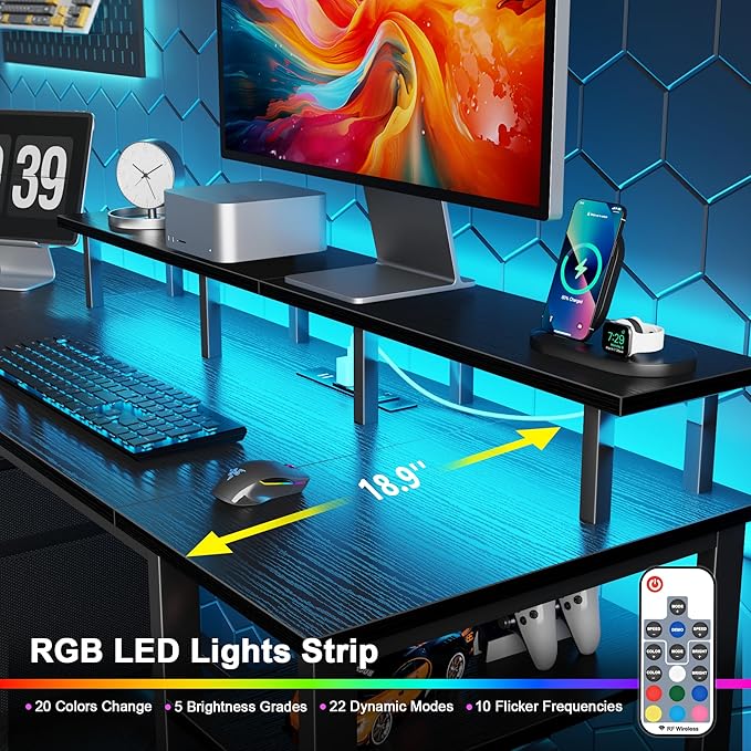 Furologee 51" Gaming Desk with Power Outlets & LED Lights, Reversible Computer Desk with File Cabinet & Monitor Stand for Home Office, Large Work Table with Storage Shelves & Drawer, Black