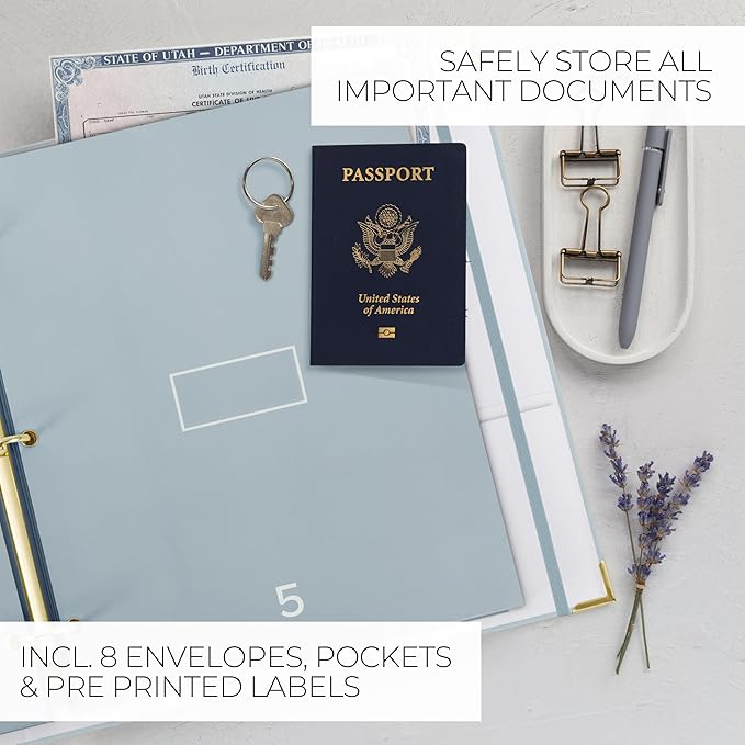 Aesthetic Document Organizer - Sturdy Linen 3-Ring Binder Safely Stores All Your Important Documents and Files in One Place - Easy to Use Expanding Storage Folder Incl. Envelopes, Pockets & Labels