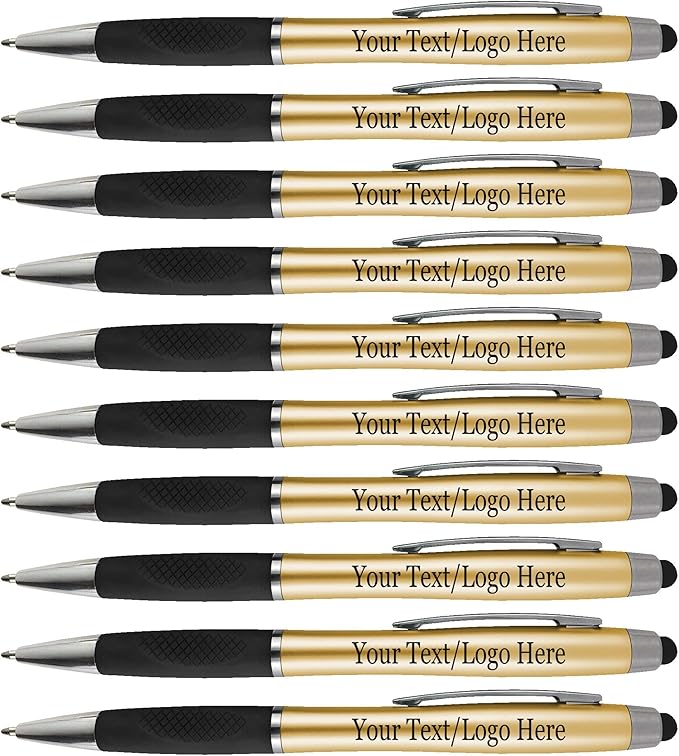 Personalized Pens With your Custom Logo or Text-300 Pack Bulk-for Businesses, Parties, and Events, 2 in 1 Ballpoint Pen + Capacitive Stylus Compatible with Touchscreen Devices, Gold Barrel, Blue Ink