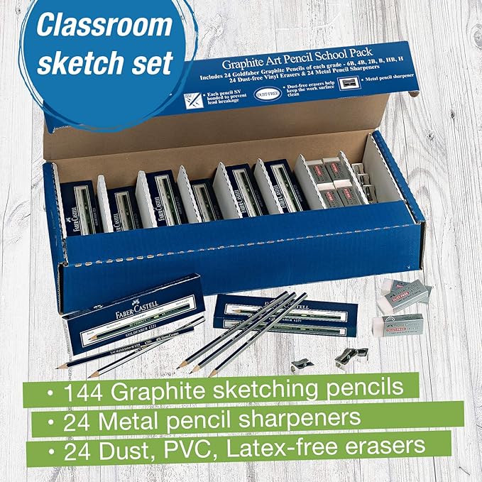 Faber-Castell Creative Studio Graphite Art Pencil School Pack - 144 Graphite Pencils - 24 Pencil Sharpeners - 24 Pencil Eraser