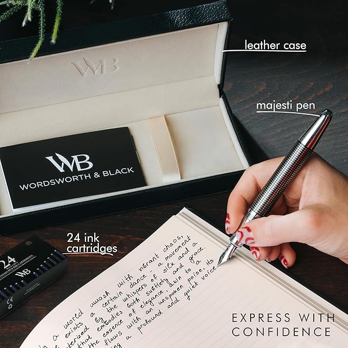 Wordsworth & Black Majesti Fountain Pen-(Black Checked), Luxury Case, Stainless Steel; Medium Nib- Ink Cartridges, Refillable Ink Converter-Calligraphy Pen-Best Business Gift Set for Men & Women