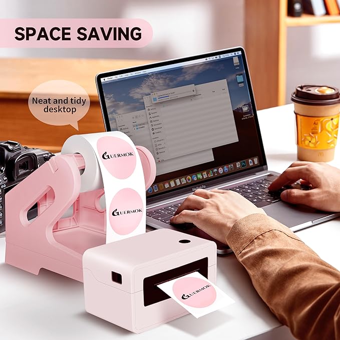 Guermok Thermal Shipping Label Holder for Rolls & Fan-Fold, Fragile Stickers for Shipping, Label Stand Desktop Printer Holder-Home Office Accessory Sticker Dispenser for Holographic (Pink)