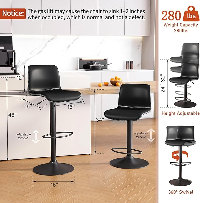 HeuGah Swivel Bar Stools Set of 2, Adjustable Counter Height Barstools with Back, Black Faux Leather Bar Chairs for Kitchen Island (Black, Set of 2 (24'' to 32''))
