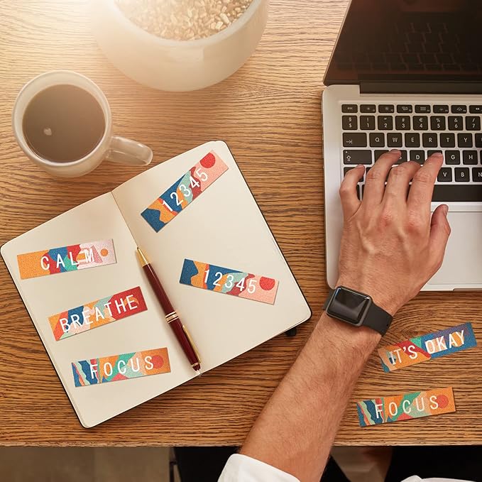 80 Pcs Anxiety Sensory Stickers with Inspirational Quotes Calm Textured Strips Relief Mental Health Stickers School Office Adhesive Sensory Tape Anti Stress Toys for Adults Teens (Stylish)