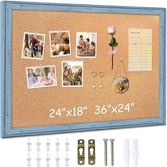DOLLAR BOSS Cork Boards for Walls, 24 X 18 Inches Bulletin Board Decorative Hanging Pin Board Rustic Wooden Frame Vision Board Notice Board for Office Home Decor, Blue