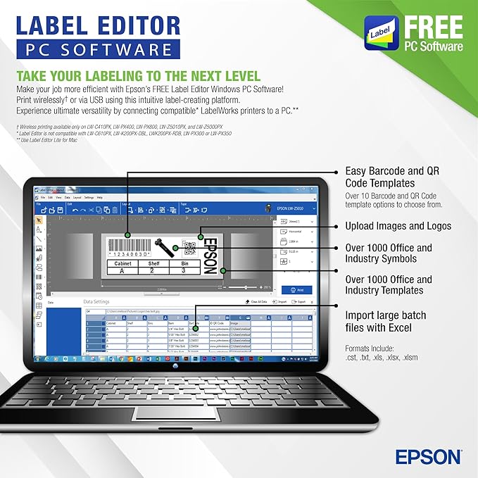 LABELWORKS Epson LW-PX800 Industrial Wireless Label Maker - Desktop Label Printer Compatible with Large Variety of Tape Types