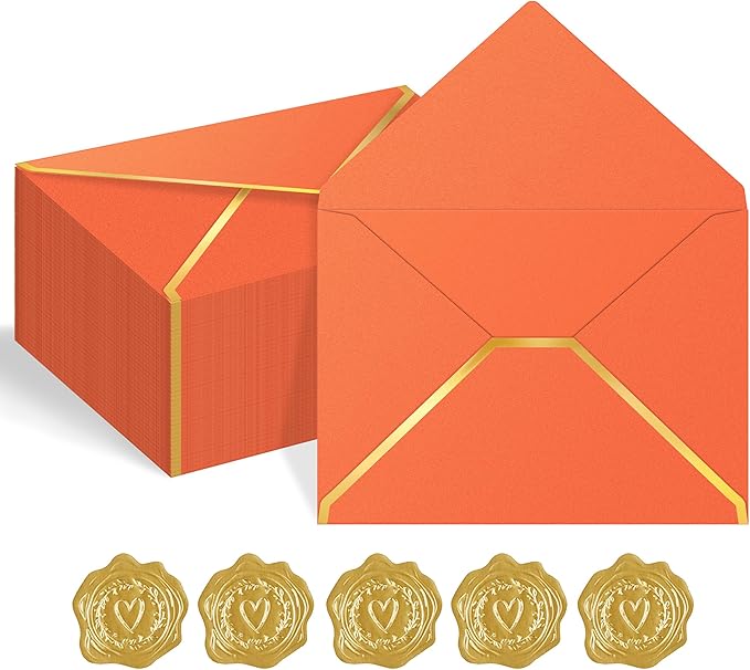 60 Pack 5x7 Envelopes for Invitations,A7 Business Envelopes Letter Size 250g Shimmer Cardstock with Gold Foil V Flap & Sealer,Security Envelopes for Gift Card,Wedding,Baby Shower(Orange)