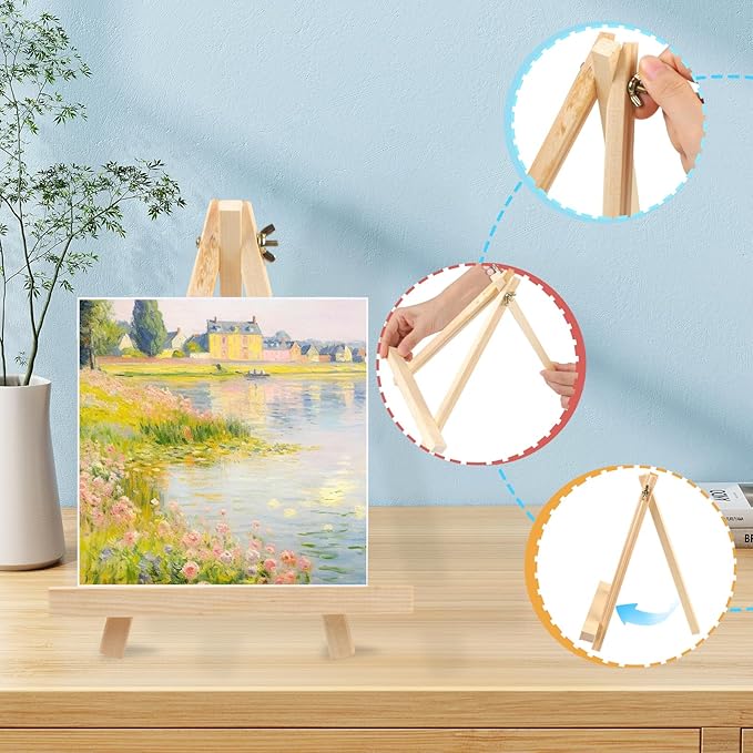 4PCS 9 Inch Wood Easels, Tripod, Painting Party Easel, Kids Student Tabletop Easels for Painting, Easel Stand for Painting Canvases, Portable Canvas Photo Picture Sign Holder.