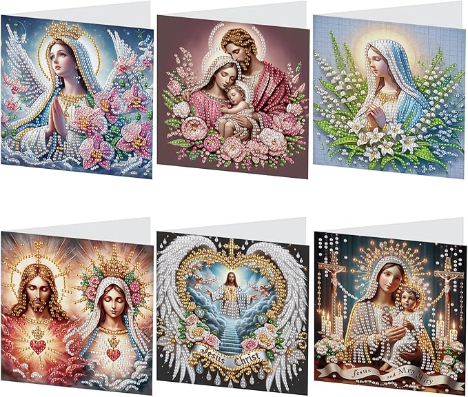6 Pcs 5D Rhinestone Painting Greeting Cards Kits, Handmade Festival Greeting Cards with Envelopes Holographic Laser Effect DIY Diamond Art Crafts Birthday Cards for Birthdays Celebrations (Religion)