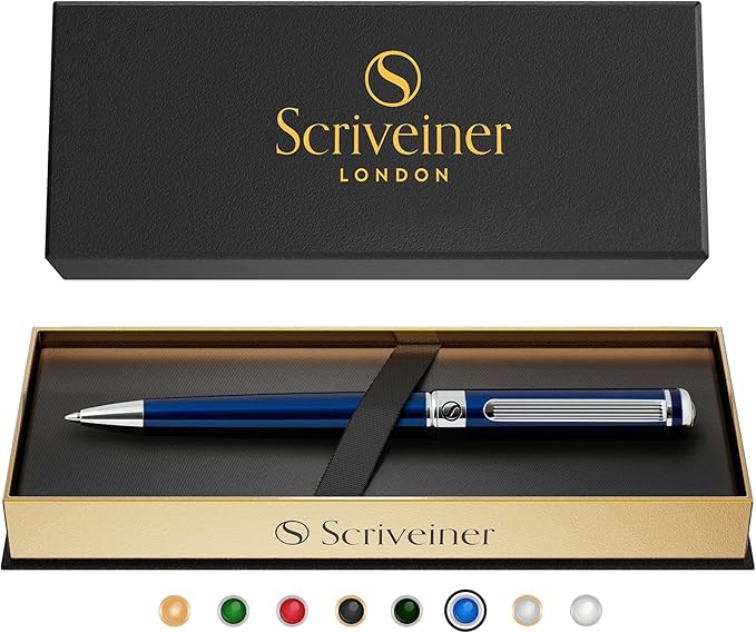 Scriveiner Midnight Blue Ballpoint Pen - Stunning Blue Lacquer Luxury Pen, Chrome Finish, Schmidt Black Refill, Best Ball Pen Gift Set for Men & Women, Professional Executive Office, Nice Designer Pen