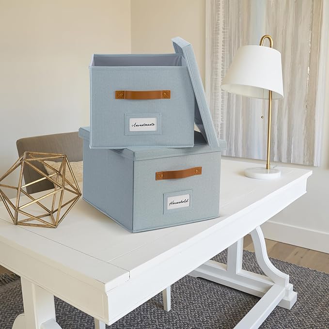 ZICOTO Decorative File Organizer Box Set of 2 - Collapsible Linen Filing Cabinets w/Handles Are Perfect to Store all Your Documents & Hanging File Folders - Portable Easy Slide Crates with Lid