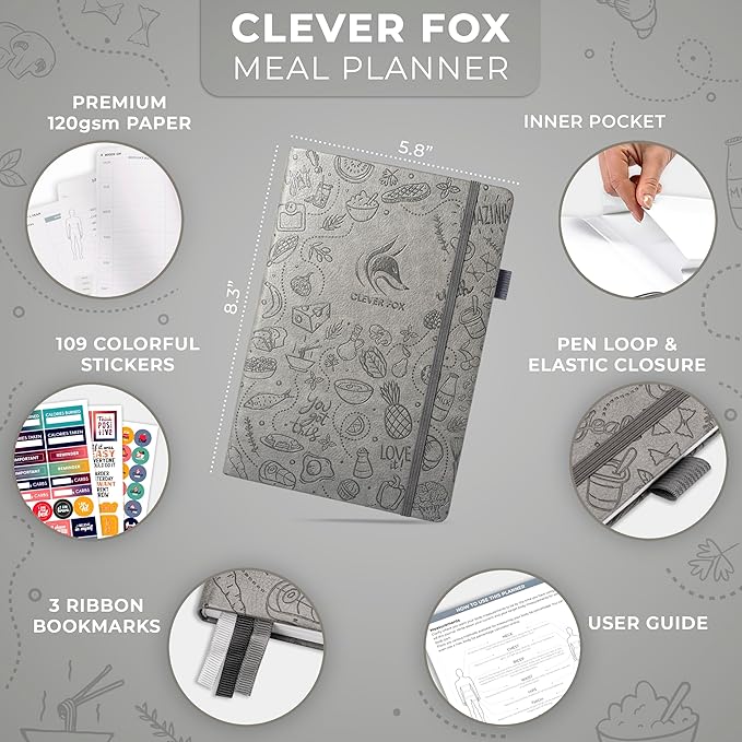 Clever Fox Weekly Meal Planner - Weekly & Daily Meal Prep Journal with Shopping and Grocery Lists for Menu Planning, Healthy Diet & Weight Loss Tracking, Lasts 1 Year, Undated, A5 - Gray