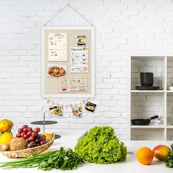 DOLLAR BOSS Bulletin Boards with Linen 1-Pack 16''X 12'' Double-Sided Cork Board for Walls Wood Framed Bulletin Boards, Small Pin Board for Home Kitchen Office Decorative Hanging 10 Pushpins