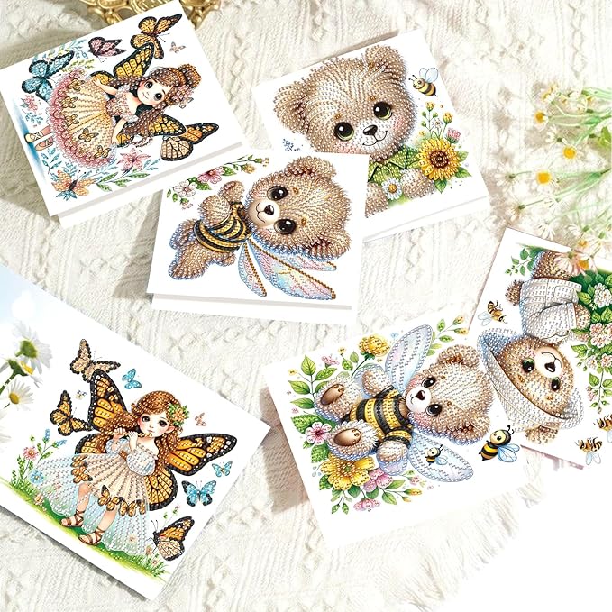 8 Packs Diamond Art Painting Greeting Cards Kit Special Shaped Diamond Art Greeting Cards with Envelope Arts Crafts for Christmas Birthday Thanksgiving Day Holiday (Bee Bear Butterfly Elf)