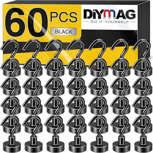 DIYMAG Magnetic Hooks for Refrigerator, Extra Strong Cruise Hook, 30Lbs Heavy Duty Earth Magnets with Hook for Hanging, Magnetic Hanger for Cabins, Grill (60P-Black)