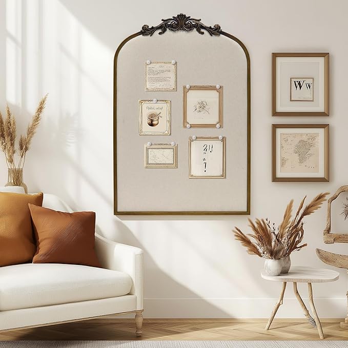 Arch Fabric Pinboard, Antique Gold Bulletin Boards 24"x36", Vintage Cork Board with Ornate Iron Frame for Wall Unique Display, Organization and Decor Options
