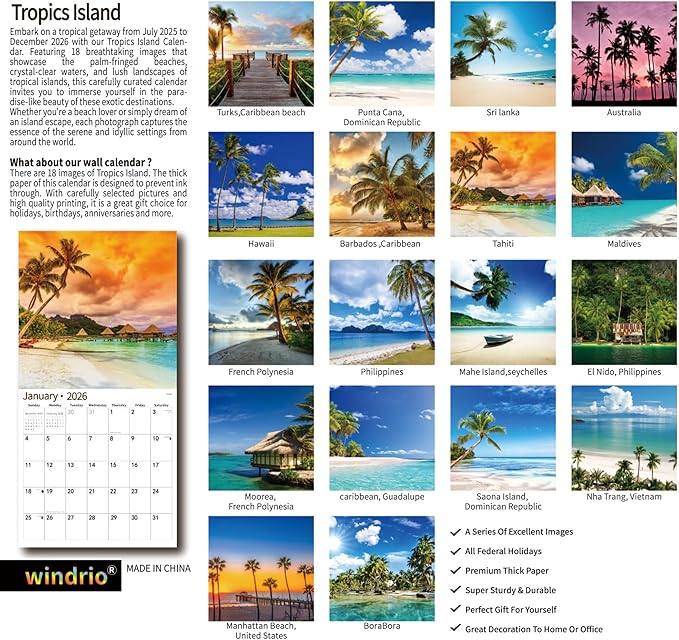 2026 Wall Calendar,Calendar 2026, July 2025 - December 2026, Wall Calendar Beaches Island, 12" x 24" Opened,Full Page Months Thick & Sturdy Paper for Calendar Organizing & Planning