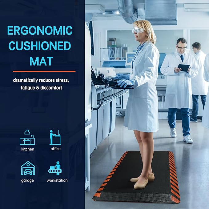 FEATOL Anti Fatigue Mats Industrial 2 Packs, Ergonomic Standing Floor Mat for Work for Stand, Black with Orange Border Safety 20" x 59"-Support for Leg & Back Pain