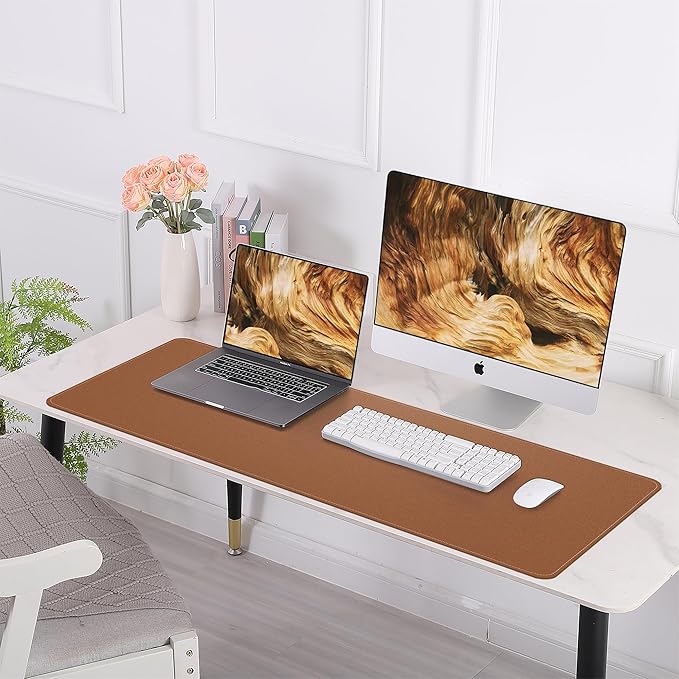 Leather Desk pad Protector, Large Desk mat with Natural Cork & PU Leather,Mouse pad,Non-Slip Office Desk Mat,Waterproof Desk Writing Pad for Office and Home (47in*17in, Brown)