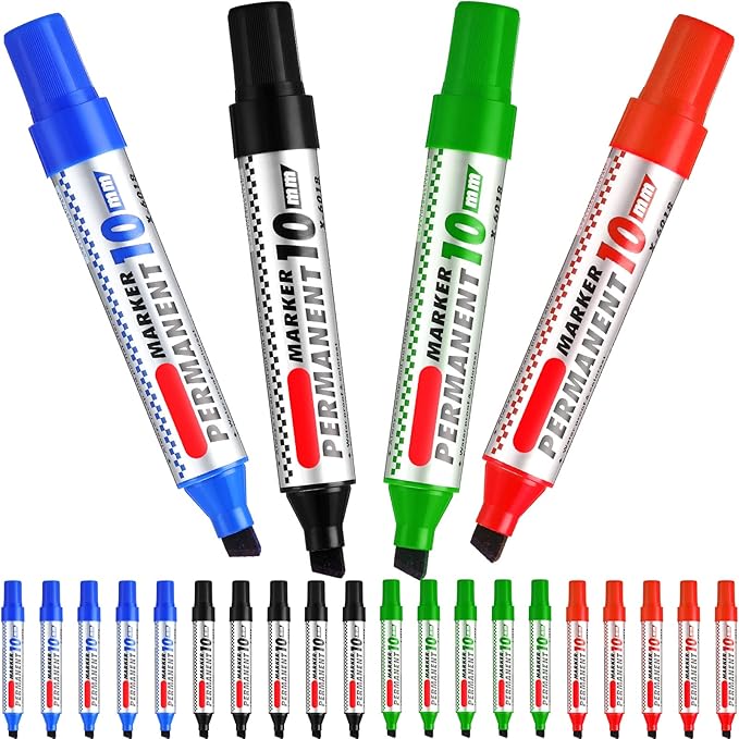 Thenshop 24 Pack Jumbo Size Permanent Markers Bulk Permanent Marker Set Chisel Tip Pens Waterproof for Industrial Use Work on Wood Metal Plastic Stone Glass(Black, Blue, Red and Green)