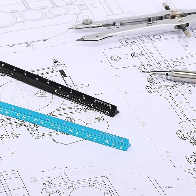 Mr. Pen- Small Architectural Scale Ruler, Aluminium, 6 Inch, 2 Pack, Black and Blue, Pocket Size Ruler, Triangle Ruler, Metal Ruler Set, Architect Scale Ruler for Blueprints