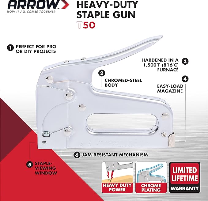 Arrow T50 Heavy Duty Staple Gun for Upholstery, Wood, Crafts, DIY and Professional Uses, Manual Stapler Uses 1/4”, 5/16”, 3/8", 1/2", or 9/16” Staples