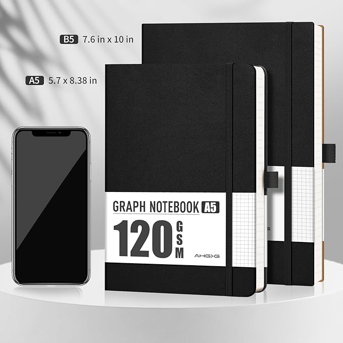 AHGXG Graph Paper Notebook - Grid Notebook Journal A5, 120 GSM Thick Graph Paper, 160 Pages, Leather Hardcover, for Graphing, Writing, Math, Engineering, 5.75'' × 8.38''- Black
