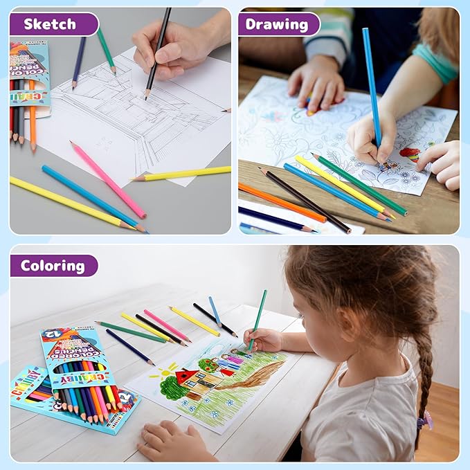 Premium Colored Pencils, Soft Core, 144 Count (Pack of 12), 12 Colors Pre-sharpened Color Pencils Bulk, Back to School Supplies, Classroom Prizes